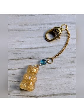 Gold Bear Bag Charm with Blue Accent